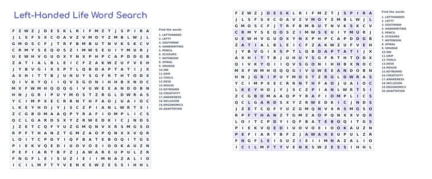 Printable Left Handed Life Word Search Puzzle with Answer Key for Lefthanders Day Classroom Activity