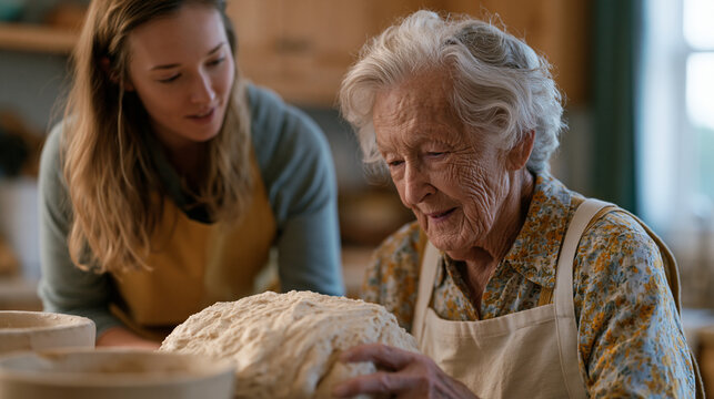 Occupational therapist guides an elderly Alzheimer's patient through a familiar bread-baking activity at a memory care kitchen station, measuring cups and a simple recipe card