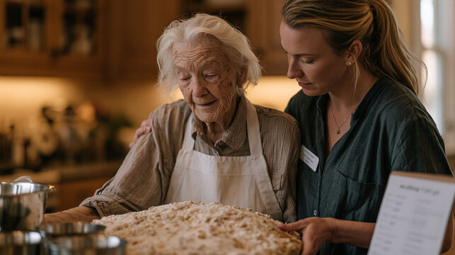 Occupational therapist guides an elderly Alzheimer's patient through a familiar bread-baking activity at a memory care kitchen station, measuring cups and a simple recipe card