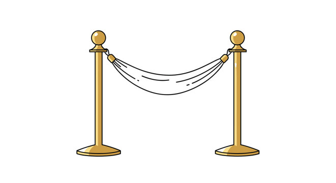 Pair of gold stanchions connected by a white velvet rope for VIP crowd control and event management isolated on white background.