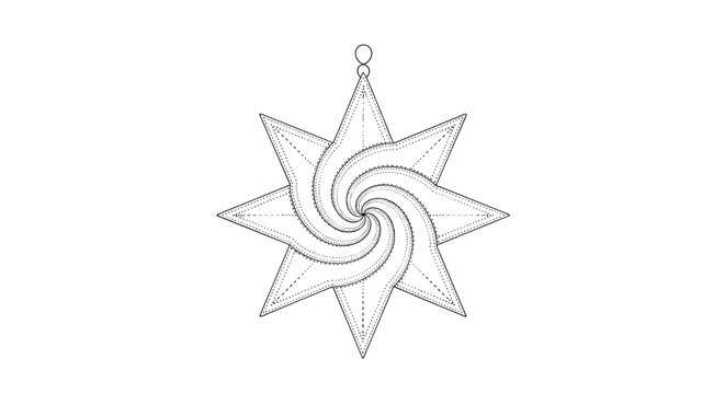 Detailed black and white line drawing of an eight pointed star ornament with a decorative central spiral on a white background.