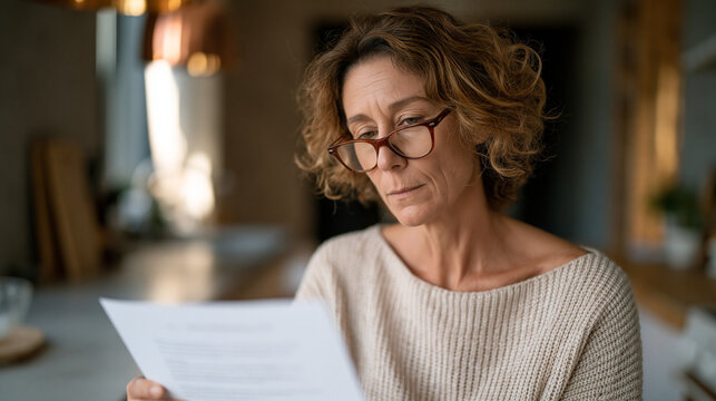 middle-aged parent holding reading glasses squinting at school remediation letter, kitchen counter setting, pandemic learning gap documentation, post-lockdown academic catch-up,