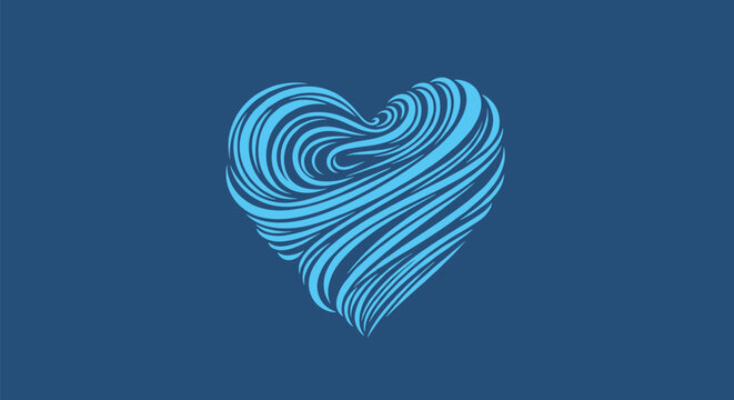 Artistic blue heart illustration features swirling wave patterns on a solid dark blue background for romantic or oceanic themes.
