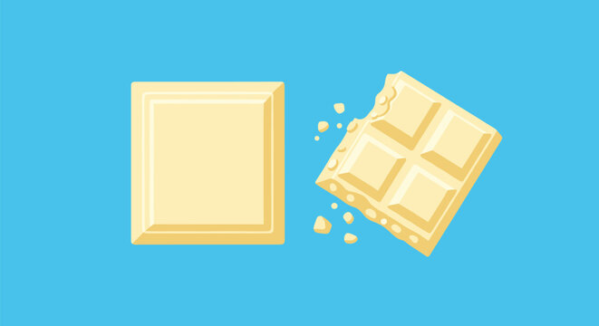Two squares of creamy white chocolate are presented on a bright blue background with one piece showing a realistic bite mark and crumbs.
