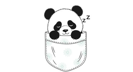 Fototapeta premium Adorable panda bear sleeping inside a shirt pocket decorated with white daisy flowers for cute animal-themed apparel and design.