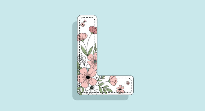 Capital letter L decorated with pink flowers and green leaves on a light blue background for botanical-themed monograms and initials.