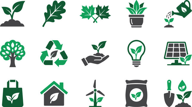 Ecology Green Energy and Gardening Icon Set for Environmental Conservation Websites Sustainable Development Packaging and Eco Infographics