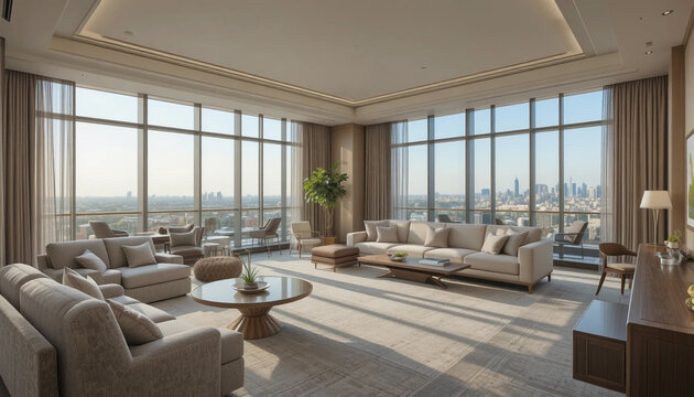 Modern luxury living room with city skyline view from floor to ceiling windows