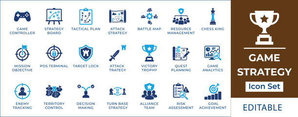 Game strategy icon set featuring tactical planning board, gaming clipboard, chess king piece, esports championship trophy, virtual world map, target lock, and castle defense symbols. © icon_solution