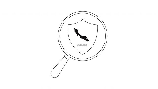 Magnifying glass over shield with abstract symbol inside.