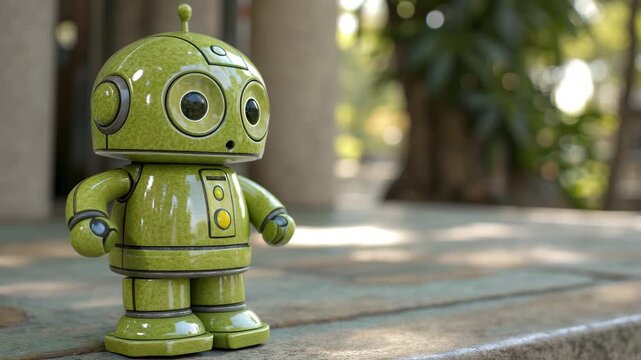Green robot toy standing still in dappled sunlight outdoor setting with lush foliage background