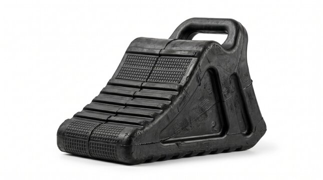 Heavy duty black rubber wheel chock used for securing parked vehicles on a clean white background in a studio setting