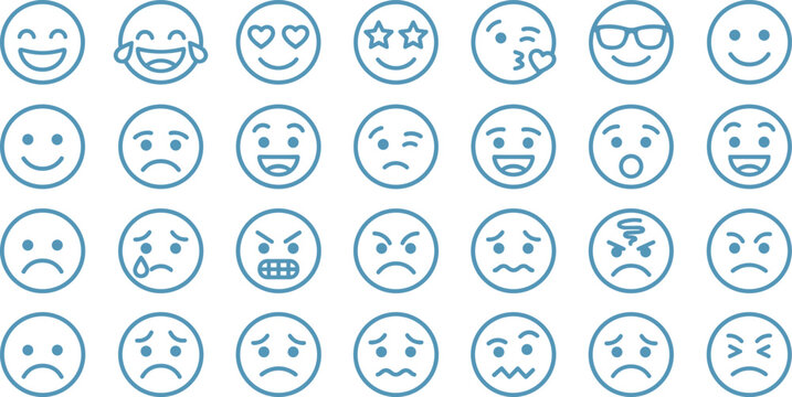 Minimalist Emoji Line Icon Set Featuring Diverse Facial Expressions Smile Sad Angry Cry and Laugh Symbols for Mobile Apps Interfaces and Digital Chats