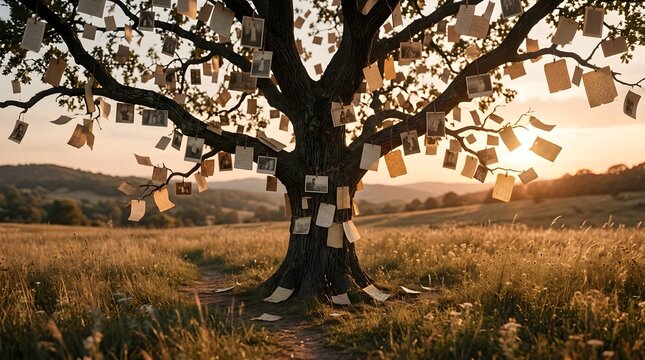 Memory tree with hanging photos and handwritten letters in a sunset landscape