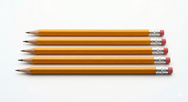 Five yellow wooden pencils with erasers aligned horizontally on white background.