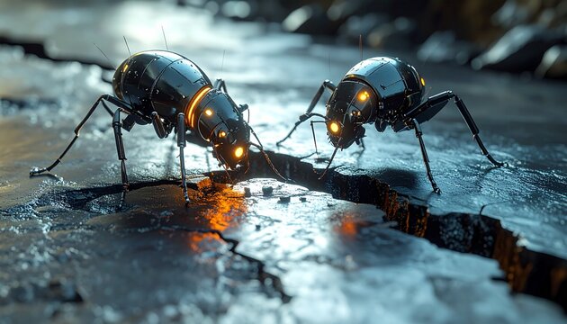 Futuristic robotic ants collaborating on a task in a digital world.