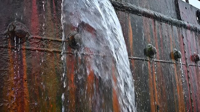 Rusty metal wall with cascading waterfall effect