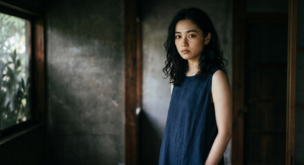 Fototapeta premium Calm young Japanese woman in a traditional home interior with natural light and copy space