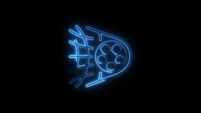 Glowing neon soccer ball scoring goal animation, blue light sport on black background, football