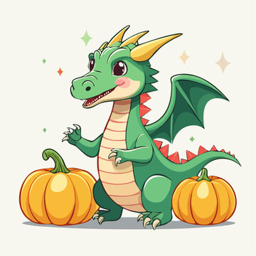 Cute Green Dragon with Pumpkins