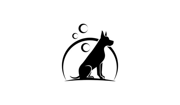 Dog grooming logo design, silhouette of a sitting dog with bubbles, pet wash and care vector icon