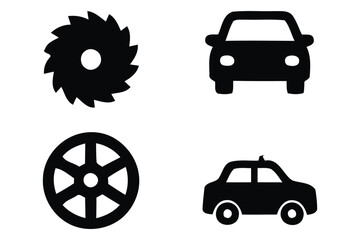 Circular saw blade, car, and wheel vector icons ideal for automotive and construction themes. © MDHABIB