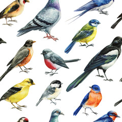 watercolor garden birds seamless pattern with robins titmice swallows magpies pigeons and colorful songbirds on white © Hanna