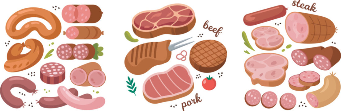 Meat, vector collection including steaks, sausages, ribs, ham, bacon, chicken cuts, and assorted meat products in clean cartoon illustration style suitable for restaurant menus, grocery branding, 