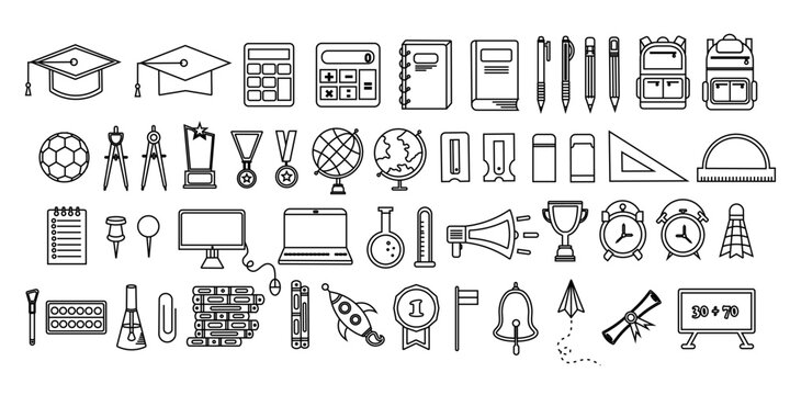 School supplies set collection. Education icons set. School attributes icon set. School pack set collection. Set of school supplies in doodle style.