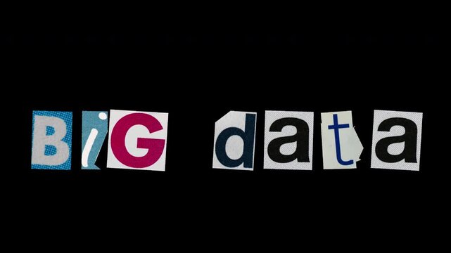 Big data graphic text paper cut Stop Motion, magazine collage, ransom note style on transparent background