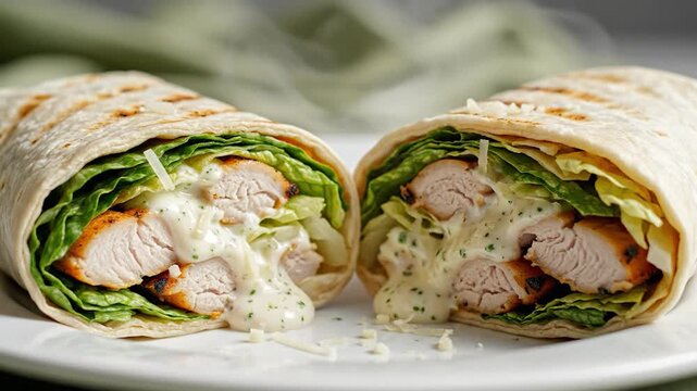 Grilled chicken Caesar wrap sliced on white plate with creamy sauce