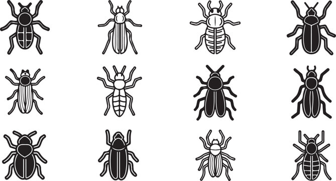 Black and white beetle and bug vector icons set