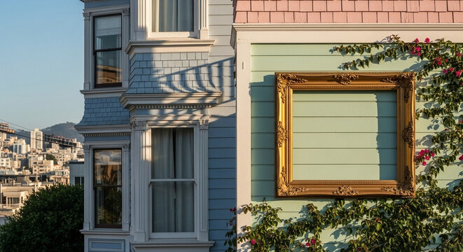 Whimsical Victorian townhouse facade with ornate golden frame on pastel mint green siding, framed by blooming bougainvillea vines, creating an artistic architectural detail.