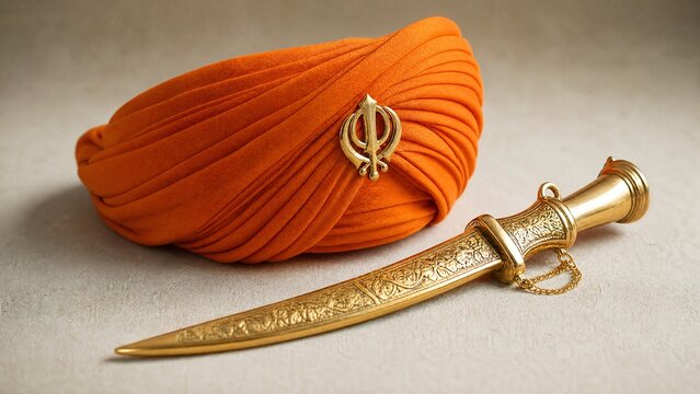 Golden dagger beside an orange turban, symbolic still life.
