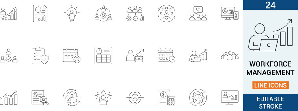 Workforce management vector line icon set. Featuring corporate HR planning, employee productivity graph and teamwork schedule.