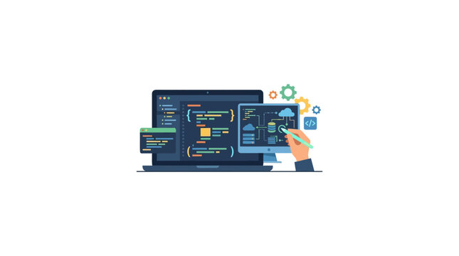 Coding and Programming Concept: Laptop, Monitor, Hand Writing Code, Gears, Cloud Icon