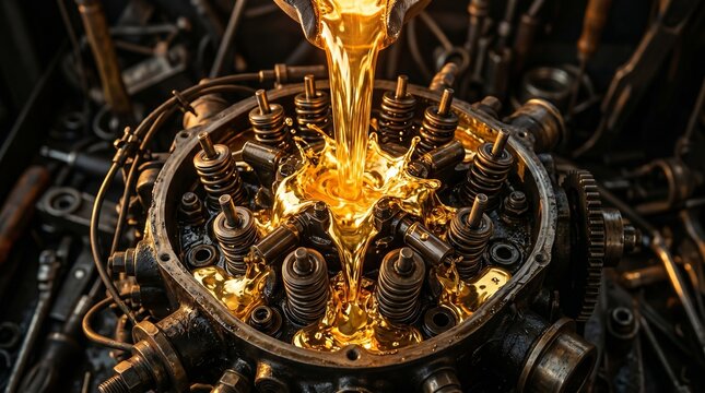 Fresh synthetic oil pouring into car engine valves for lubrication and maintenance