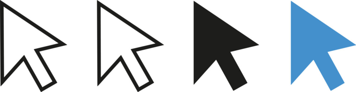 Computer Mouse Cursor Pointer Icon Set with Minimalist Outline Solid Black Silhouette and Blue Flat Interface Design Elements for Web Navigation Vectors