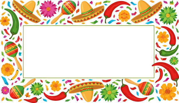 Colorful mexican border pattern with peppers and flowers