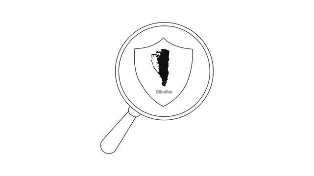 Magnifying glass over shield with Gibraltar map outline and coat of arms.