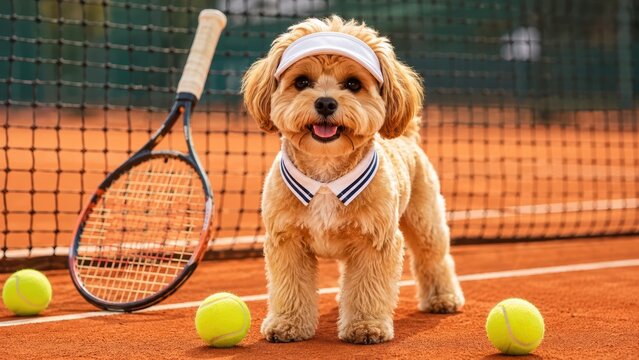 Small fluffy dog wearing a tennis visor and collar on red clay court with racket and balls, cute pet sports lifestyle concept