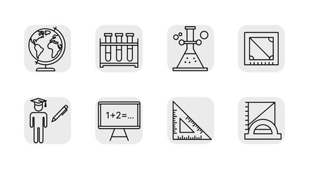 Fototapeta premium Collection of eight educational subject icons including a globe, test tubes, chemistry flask, math board, and geometry tools for school curriculum design.