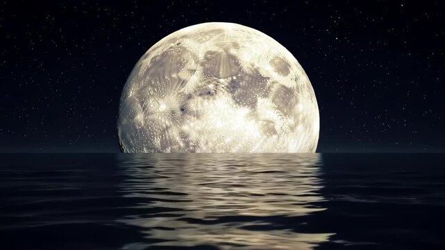 Surreal giant oversized moon rising over calm ocean at night, massive moon reflection shimmering on water, impossible scale, cinematic night loop for brand creative and meditation content.