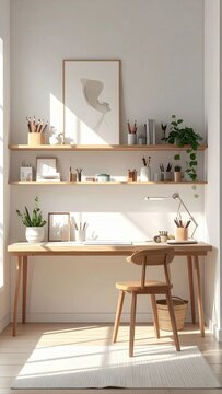 Minimalist home office desk with wooden furniture, indoor plant, shelf decor, and natural sunlight, cozy workspace interior