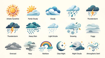 Obraz premium Weather icons, 25 weather symbols, cloud and rain icons, sunny and cloudy weather graphics