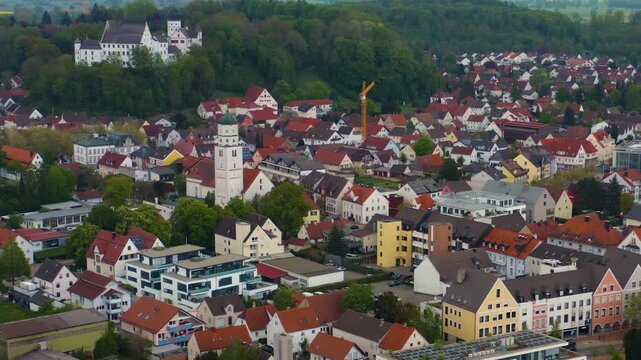 Aerial view of the city Illertissen Iller and castle V&ouml;hlinschloss in Germany on a cloudy spring day 