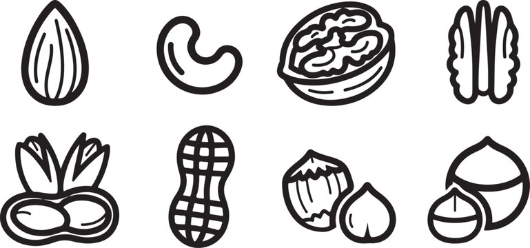 Black and white icons of various nuts and seeds