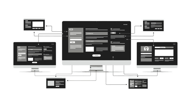 Responsive website wireframe design layout showing multiple screen size variations and user interface structure.