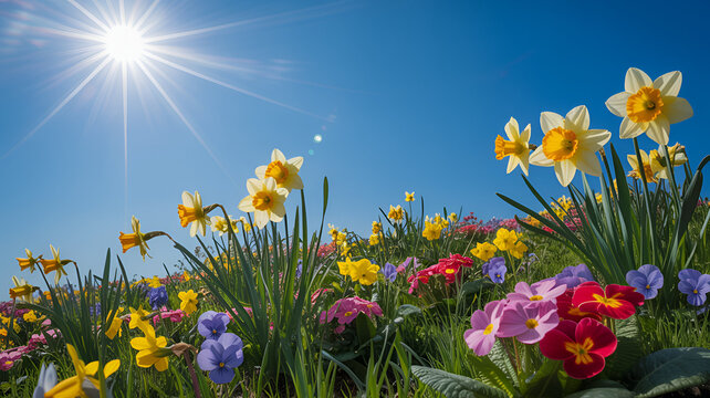 Daffodils and primroses blooming under a bright sun in a lush green meadow
