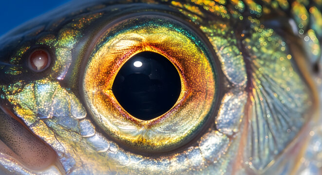 Extreme macro shot of a fish eye showing iridescent colorful scales and golden cornea